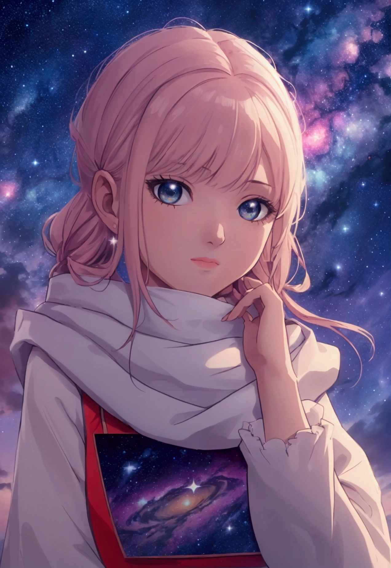 High detail, super detail, super high resolution, girl enjoying her time in the dream galaxy, surrounded by stars, warm light sprinkled on her, background is starry sky with colorful galaxies and galaxy clouds, stars flying around her, delicate face, adding playful atmosphere ,