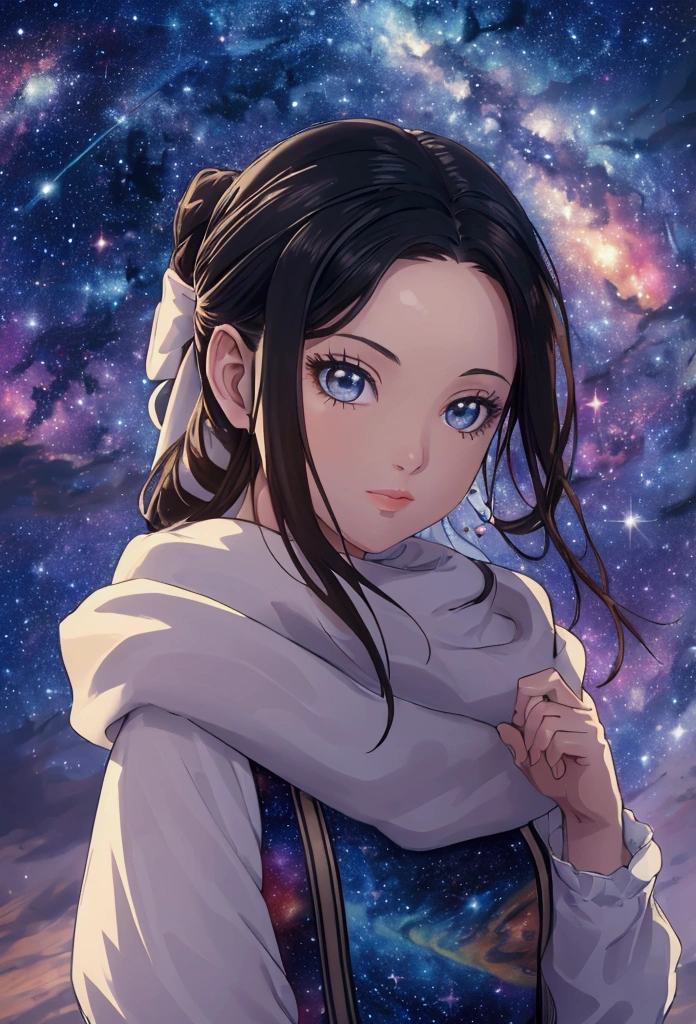 High detail, super detail, super high resolution, girl enjoying her time in the dream galaxy, surrounded by stars, warm light sprinkled on her, background is starry sky with colorful galaxies and galaxy clouds, stars flying around her, delicate face, adding playful atmosphere , 