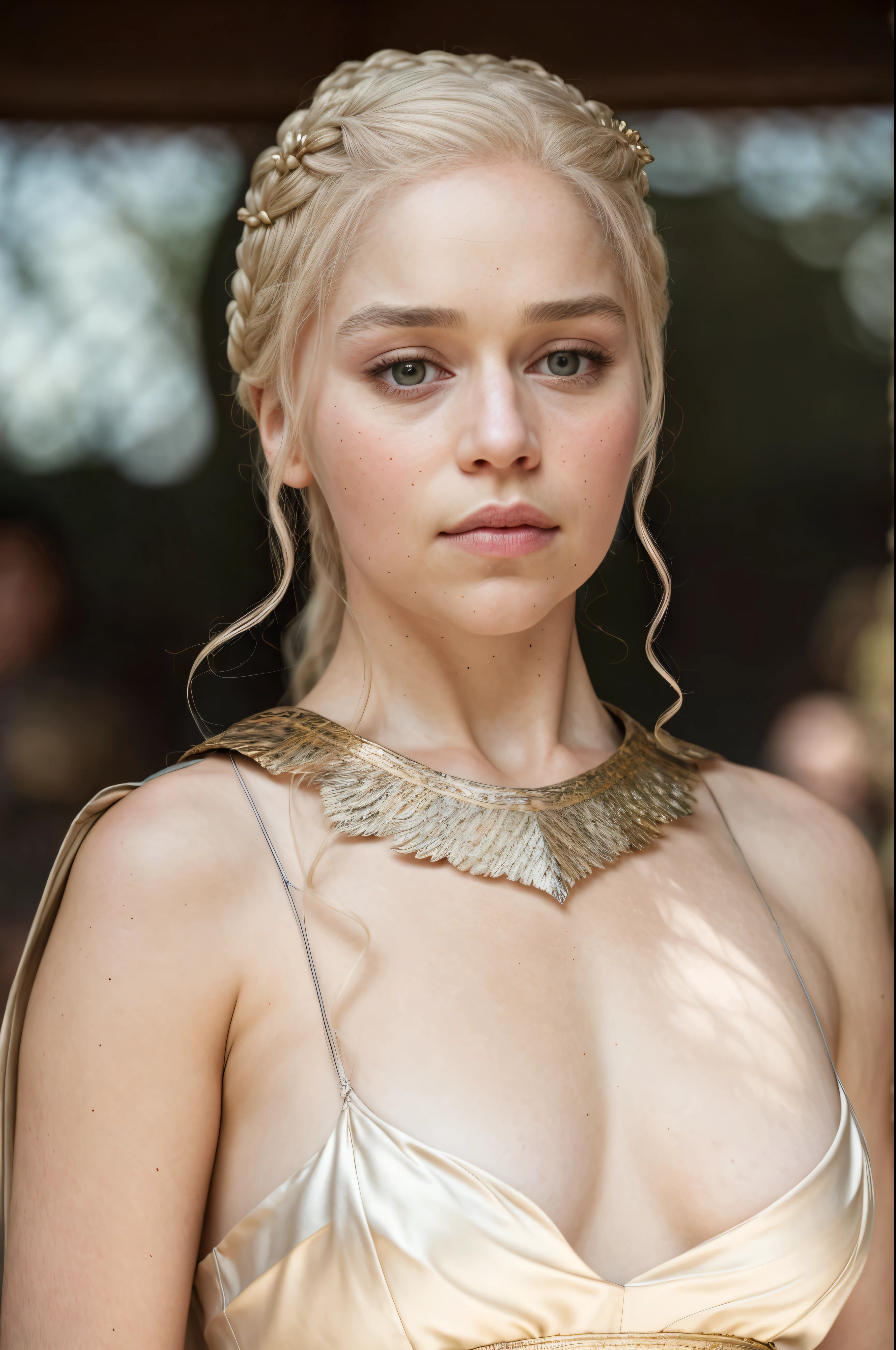 masterpiece, stunning portrait photo of khls woman, front facing towards the camera, wearing Erotic mediaeval costumes, War Costumes , sharp focus, natural lighting, subsurface scattering, f2, 35mm, film grain, Regal Beauty, Regent Queen, silk satin, linen clothes, beautiful ruler queen, sexiest majestic queen dress, Sharp focus texture and color. Cinematic lighting to capture authentic skin shine and depth. Sensual dress, likelike textures, aesthetics, anatomically accurate, golden hour glow, Game of thrones inspired background, highly detailed skin texture, beautymarks, mole on the breast, skin pores, rough skin, perfectly styled blonde hair,