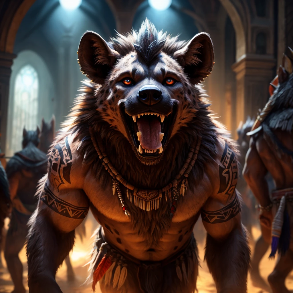 a tribe of hyena-like humanoid creatures, tribal tattoos, furry bodies, large crowd, ahegao expressions, best quality, 8k, highres, masterpiece:1.2, ultra-detailed, realistic, photorealistic:1.37, HDR, studio lighting, ultra-fine painting, sharp focus, physically-based rendering, extreme detail description, professional, vivid colors, bokeh, fantasy, digital painting, concept art, dark fantasy, horror, surreal