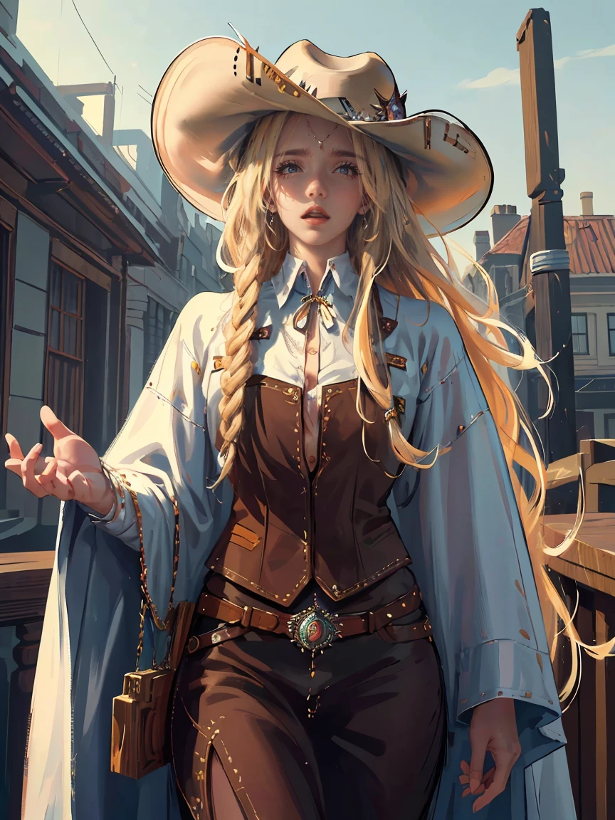 Long LIGHT BLONDE hair, brown eyes, gloss lips, front look, close up, portrait, beautiful eyes, wearing a male white suit, big white, curly hair cut, clear skin, young 30 years girl, adult girl, solo, very long hair, ankle length hair, handsome older WOMAN，Hyperresolution，accuracy，Detailed rendering,（Image of fine hair）（topquality）（Masterpieces of masters）（High degree of completeness）（A sense of atmosphere）tmasterpiece，Super detailed and super detailed（((half-body portrait)))(((Older woman))) (((Western girl))), (((Cowgirl))) (((Cowboy hat))) (((Gunslinger)))(((Better hands)))
