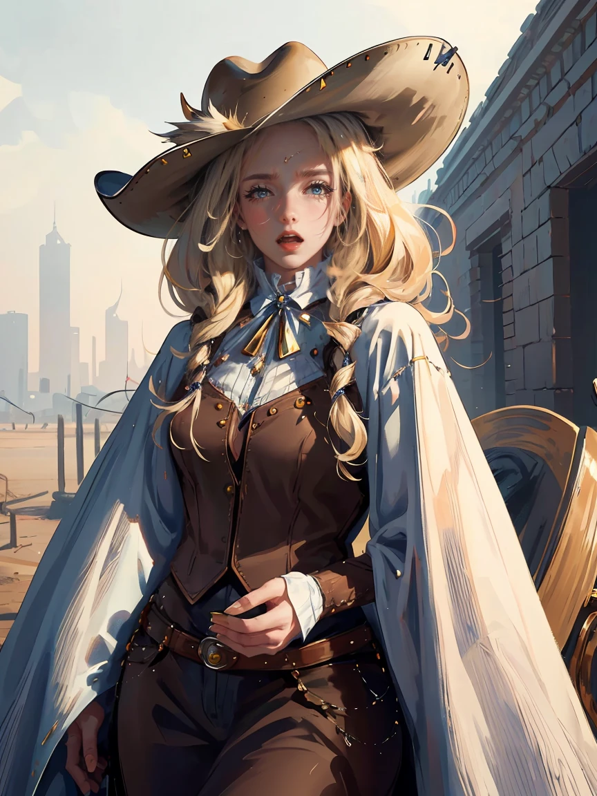 Long LIGHT BLONDE hair, brown eyes, gloss lips, front look, close up, portrait, beautiful eyes, wearing a male white suit, big white, curly hair cut, clear skin, young 30 years girl, adult girl, solo, very long hair, ankle length hair, handsome older WOMAN,Hyperresolution,accuracy,Detailed rendering,(Image of fine hair)(topquality)(Masterpieces of masters)(High degree of completeness)(A sense of atmosphere)tmasterpiece,Super detailed and super detailed(((half-body portrait)))(((Older woman))) (((Western girl))), (((Cowgirl))) (((Cowboy hat))) (((Gunslinger)))(((Better hands)))