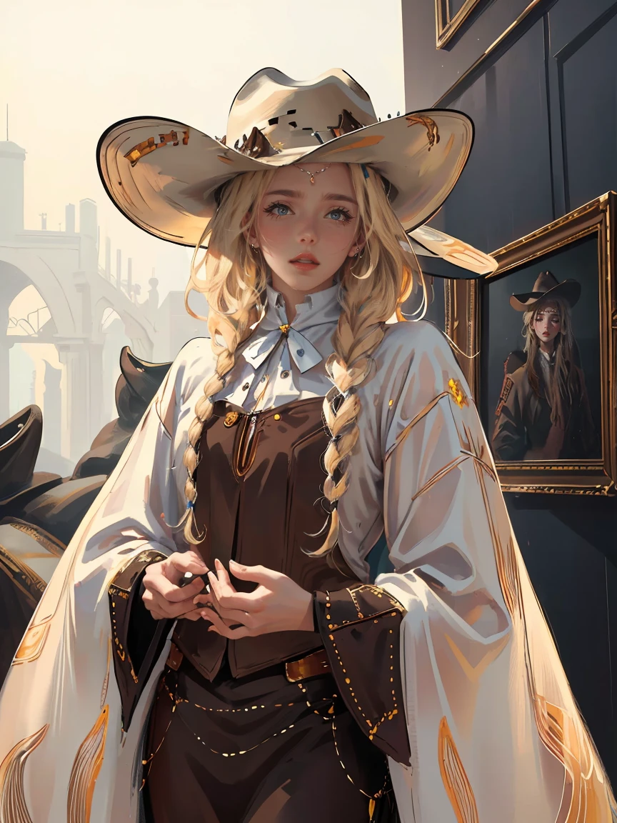 Long LIGHT BLONDE hair, brown eyes, gloss lips, front look, close up, portrait, beautiful eyes, wearing a male white suit, big white, curly hair cut, clear skin, young 30 years girl, adult girl, solo, very long hair, ankle length hair, handsome older WOMAN,Hyperresolution,accuracy,Detailed rendering,(Image of fine hair)(topquality)(Masterpieces of masters)(High degree of completeness)(A sense of atmosphere)tmasterpiece,Super detailed and super detailed(((half-body portrait)))(((Older woman))) (((Western girl))), (((Cowgirl))) (((Cowboy hat))) (((Gunslinger)))(((Better hands)))