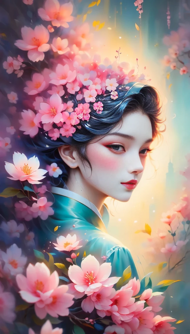 (((Baiyun,Sakura background))), (((high saturation))), ((Surrounded by brilliant colors)))) super detailed, Beautiful and beautiful, masterpiece, best quality, (tangled, mandala, tangled, twist), (Fractal art: 1.3), 1 girl, Very detailed, dynamic angle, cowboy shooting, Chaos in its most beautiful form, elegant, brutalist design, bright colors, romanticism, Michael Mraz, Adrian Gurney, Petra Courtright, Atmospheric, ecstatic notes, Mobile phone notes are visible