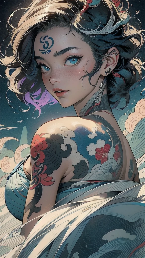 (((masterpiece, highest quality))),,(((solo:1.2))),(((1girl:1.2))),32k wallpaper, very detailed, poster, vintage science fiction,(((((portfolio))))),(((((Close-up))))),(((((bust up))))),((((more various angle)))),((((highlight)))),((((heterochromia)))),(((complete. detailed face))),(((detailed unlimited complete equipment : great ocean))),(((((Absolutely Realistic Clouds background))))),(((Texture for people : halftone))),((Open your mouth wide)),(((Wind God and Thunder God))),(((Ukiyo-e))),(((tattoo:swallow)))