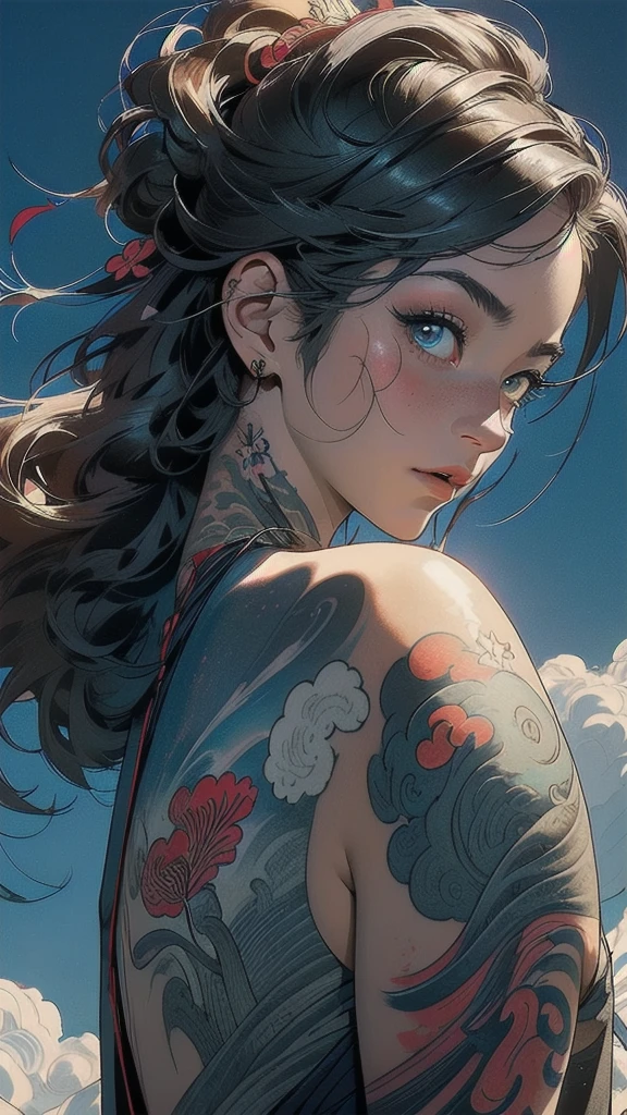 (((masterpiece, highest quality))),,(((solo:1.2))),(((1girl:1.2))),32k wallpaper, very detailed, poster, vintage science fiction,(((((portfolio))))),(((((Close-up))))),(((((bust up))))),((((more various angle)))),((((highlight)))),((((heterochromia)))),(((complete. detailed face))),(((detailed unlimited complete equipment : great ocean))),(((((Absolutely Realistic Clouds background))))),(((Texture for people : halftone))),((Open your mouth wide)),(((Wind God and Thunder God))),(((Ukiyo-e))),(((tattoo:swallow)))