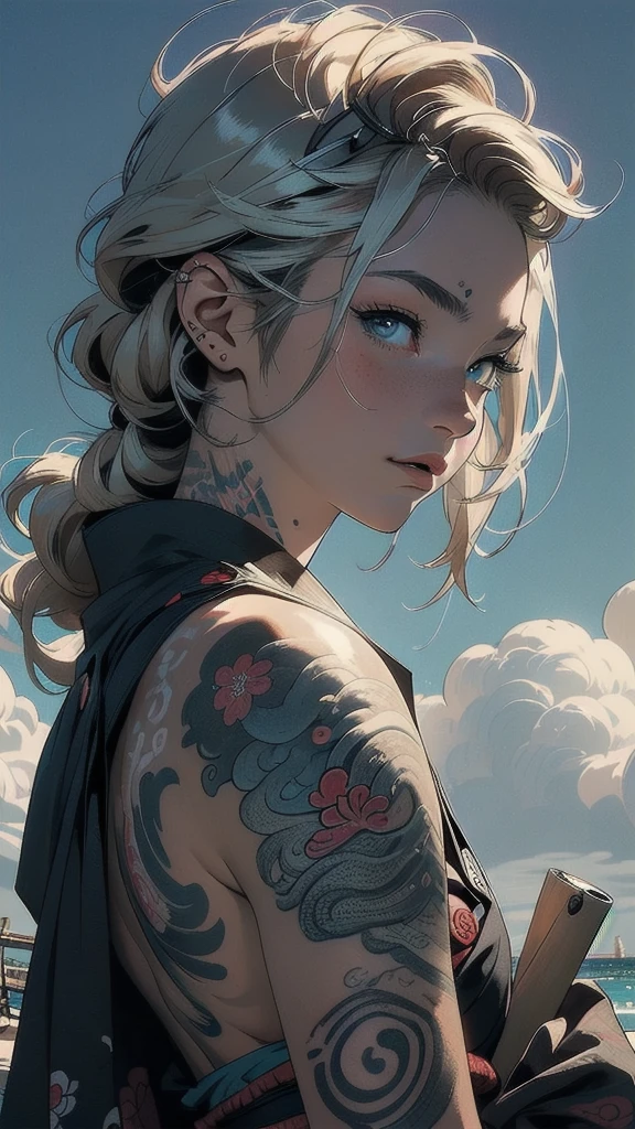 (((masterpiece, highest quality))),,(((solo:1.2))),(((1girl:1.2))),32k wallpaper, very detailed, poster, vintage science fiction,(((((portfolio))))),(((((Close-up))))),(((((bust up))))),((((more various angle)))),((((highlight)))),((((heterochromia)))),(((complete. detailed face))),(((detailed unlimited complete equipment : great ocean))),(((((Absolutely Realistic Clouds background))))),(((Texture for people : halftone))),((Open your mouth wide)),(((Wind God and Thunder God))),(((Ukiyo-e))),(((tattoo:swallow)))