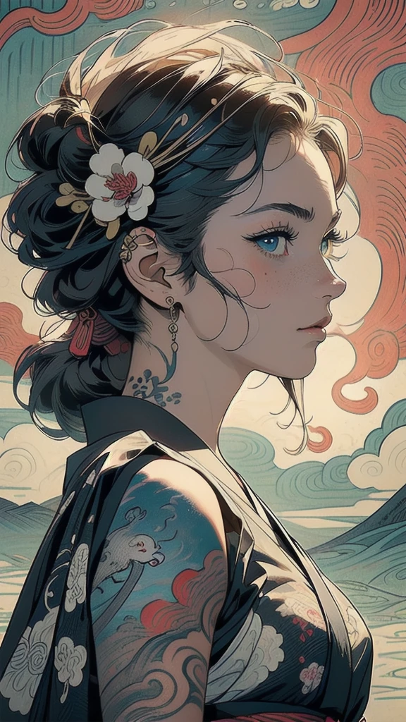 (((masterpiece, highest quality))),,(((solo:1.2))),(((1girl:1.2))),32k wallpaper, very detailed, poster, vintage science fiction,(((((portfolio))))),(((((Close-up))))),(((((bust up))))),((((more various angle)))),((((highlight)))),((((heterochromia)))),(((complete. detailed face))),(((detailed unlimited complete equipment : great ocean))),(((((Absolutely Realistic Clouds background))))),(((Texture for people : halftone))),((Open your mouth wide)),(((Wind God and Thunder God))),(((Ukiyo-e))),(((tattoo:swallow)))