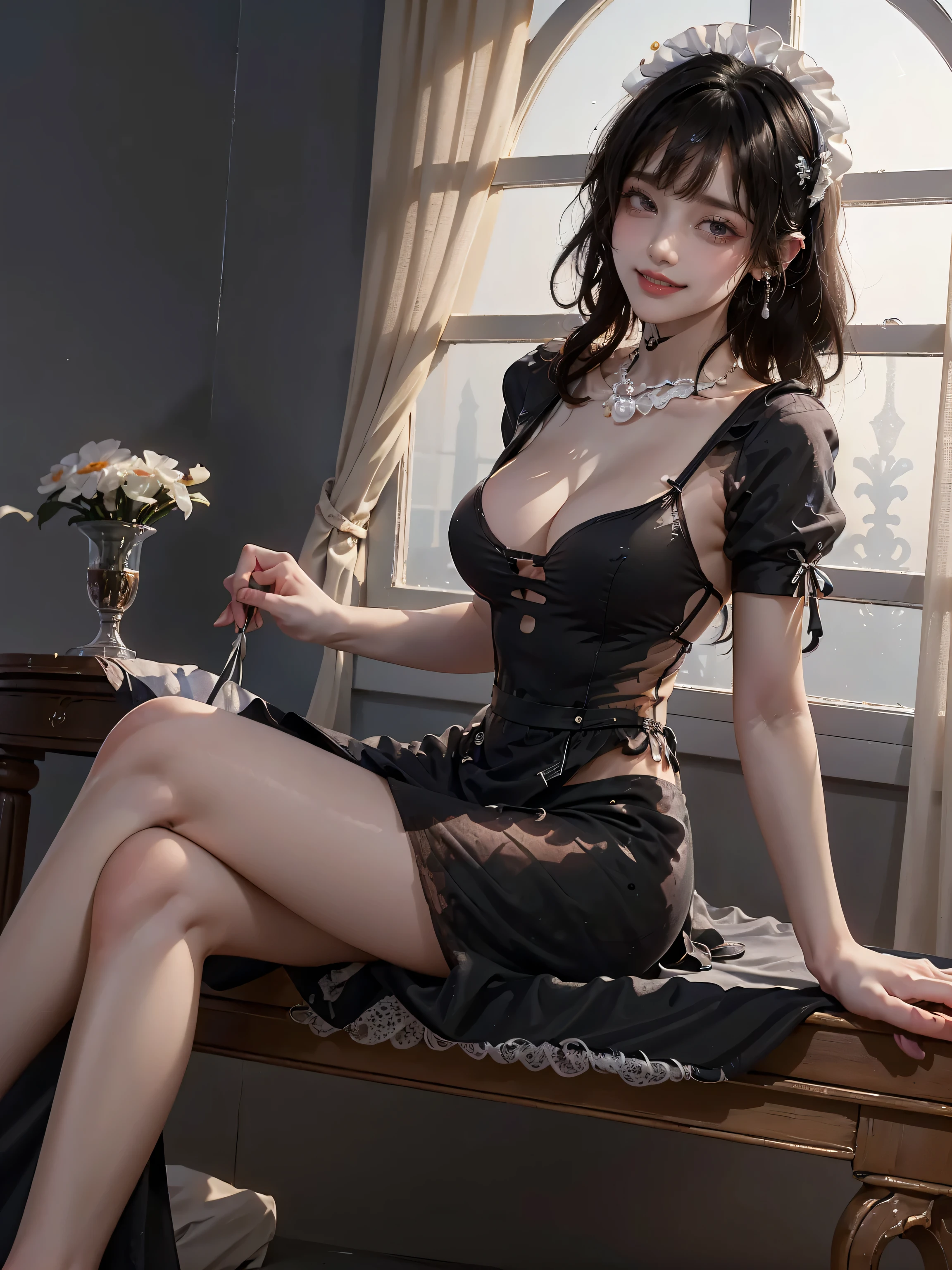 ((16K)),((masterpiece:1.3)), ((Highest quality)), ((Ultra-high resolution)), (Very detailed), (Realistic, photoRealistic:1.4), Perfect lighting,((Side light)), Written boundary depth, Surrealism,photo shoot, No makeup, Film Grain, chromatic aberration, Sharp focus, Face Light,((Beautiful detailsまでこだわった髪)),((Beautiful eyelashes)), Beautifully detailed face, Beautiful details, Beautiful clavicle, Beautiful body, Thin legs,Beautiful breasts, Beautiful legs, ((Detailed and carefully drawn hand)), Cleavage, Perfect Anatomy, Supermodel with a long neck,((Skinny1.3)),((1 girl)),23 years old,Looking into the camera,(Perfect Anatomy,Anatomically correct, Very detailed肌), Glowing Skin,((beautiful girl:1.1)),(( Large Breasts:1.4)),((Two Side Up:1.2)),((Mid-length hair:1.4, Wavy Hair:1.2, Black Hair) ,((See-through bangs:1.2)),Dainty facial structure,((A happy smile:1.5)),((leaning on rail:1.2)),(her legs spread in M legs:1.2), ((spread legs:1.2)),((from side)),((wearing see-through black maid clothes:1.4)),((Wearing a black evening dress)), ((See-through dress)), ((puffy nipple)),Silver earrings, Pearl Necklace, Jade Bangle, A luxurious bedroom. In the center of the room is an opulent bed, accented with a red sofa. The black interior elements add elegance and sophistication to the space. Artworks adorn the walls, and a chandelier hangs from the ceiling. Outside the window, a night view stretches out, enveloping the entire room in a sense of high-end luxury,((Wide Shot:1.2))