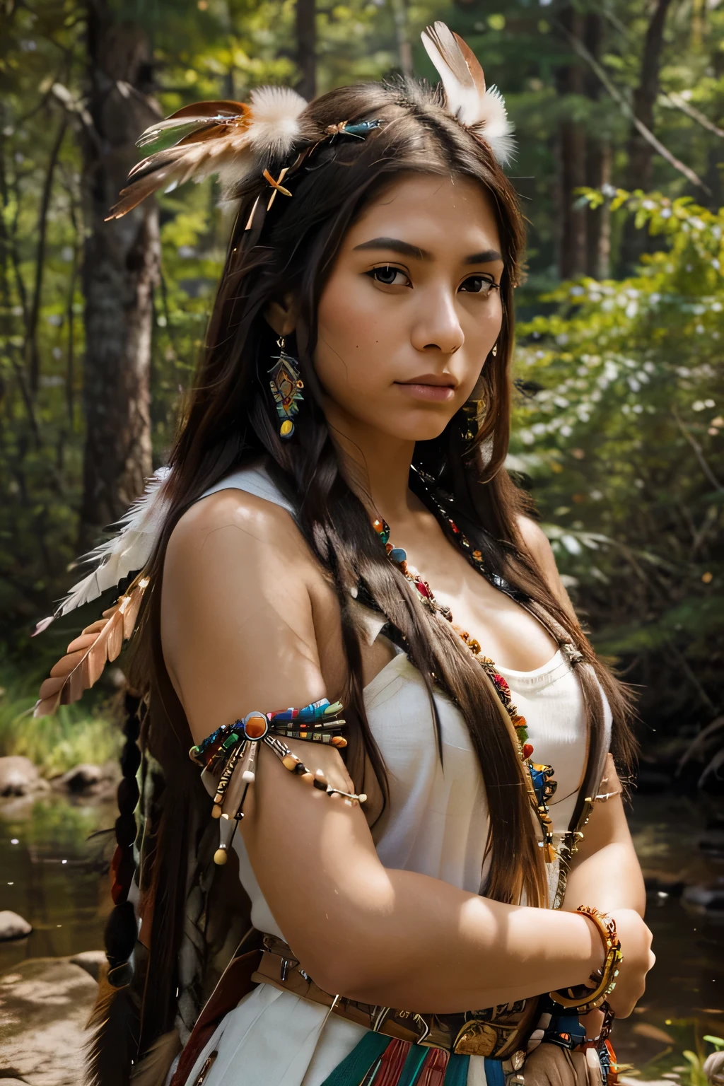 "Create an illustration of a young Native American woman in a manga style. She wears a traditional outfit decorated with colorful patterns and beads, with feathers in her hair.
His expression is both strong and serene., reflecting its connection with nature. Background, depict a forest scene with wild animals, like deer and eagles, symbolizing harmony between man and nature."