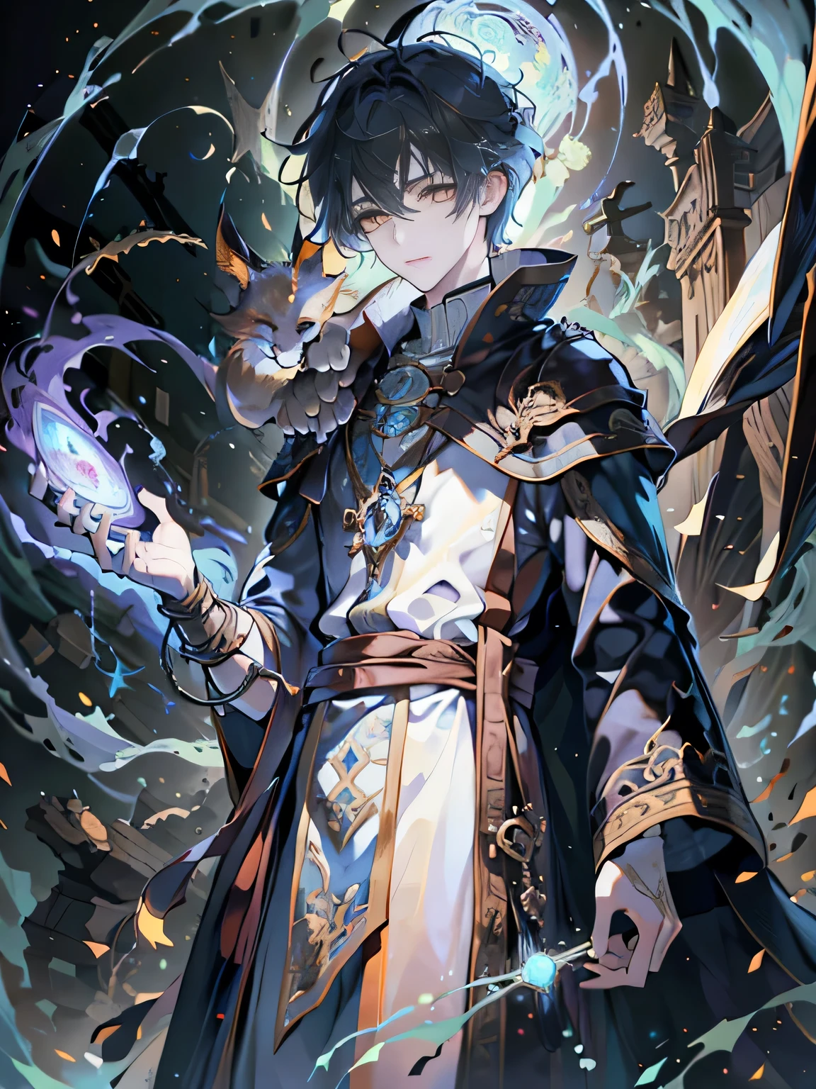 （，high resolution，Extremely detailed）， masterpiece， Best quality， A boy with an ancient style， Take the spell，Little fox on shoulder，cloak，The Wizard， solo， Handsome， Long, delicate hair， Orange hair， Brown eyes， Glowing eyes， Glow Effect， Cyan Wind Vortex， exquisite eye， Detailed face， spark， Vortex， Magic Vortex， Island Background， Look down from below