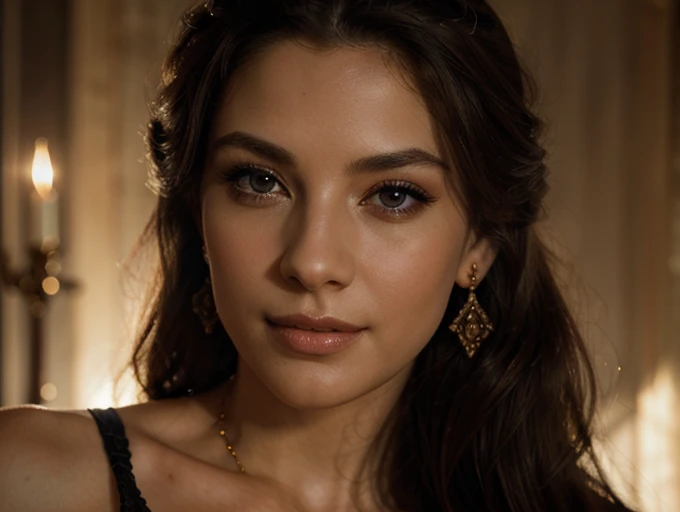 A chiaroscuro portrait of a smiling seducing woman, beautiful detailed eyes, beautiful detailed lips, extremely detailed eyes and face, long eyelashes, porcelain skin, elegant hairstyle, intricate jewelry, dramatic lighting, Renaissance style, dramatic shadows, warm golden tones, dramatic chiaroscuro lighting, ultra-detailed, 8k, photorealistic, masterpiece, cinematic, dramatic atmosphere, elegant and regal