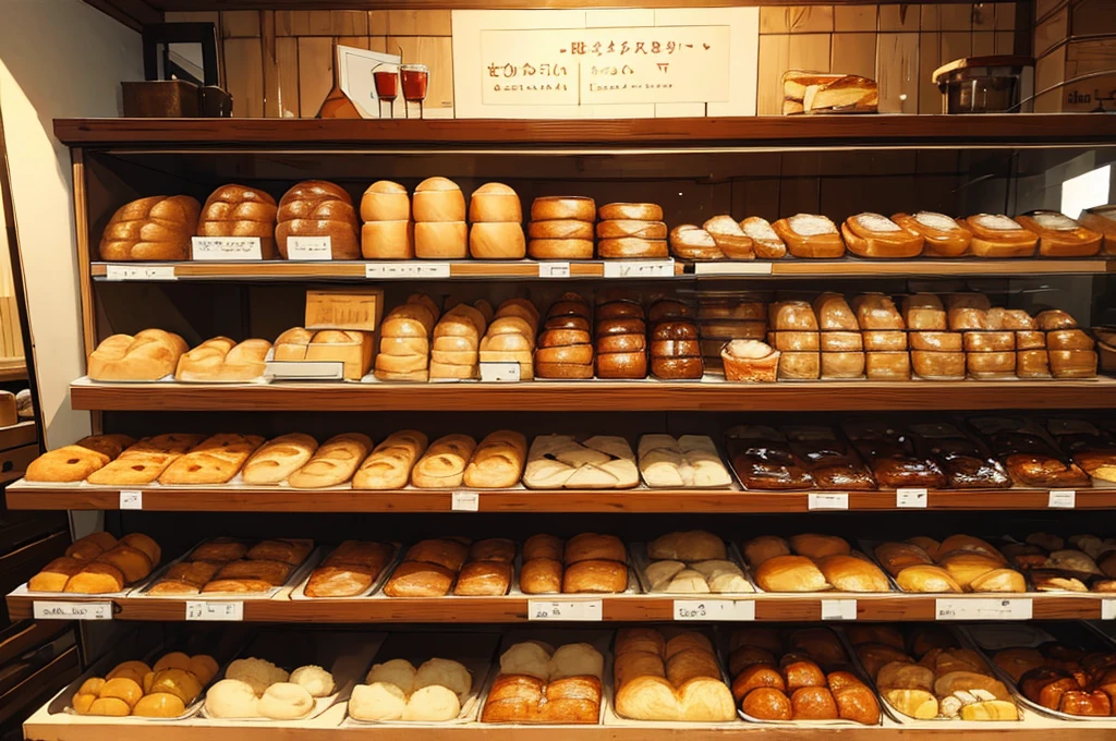 ((masterpiece)), ((best quality)), warmth, Rustic bakery scene，A variety of freshly baked bread and pastries are displayed on wooden shelves.