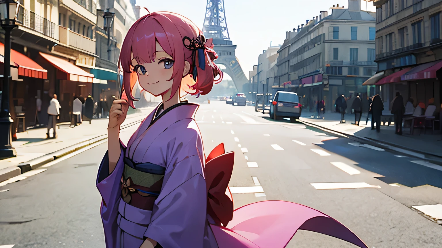 kimono, parple hair, smile, girl, in Paris, street, tower