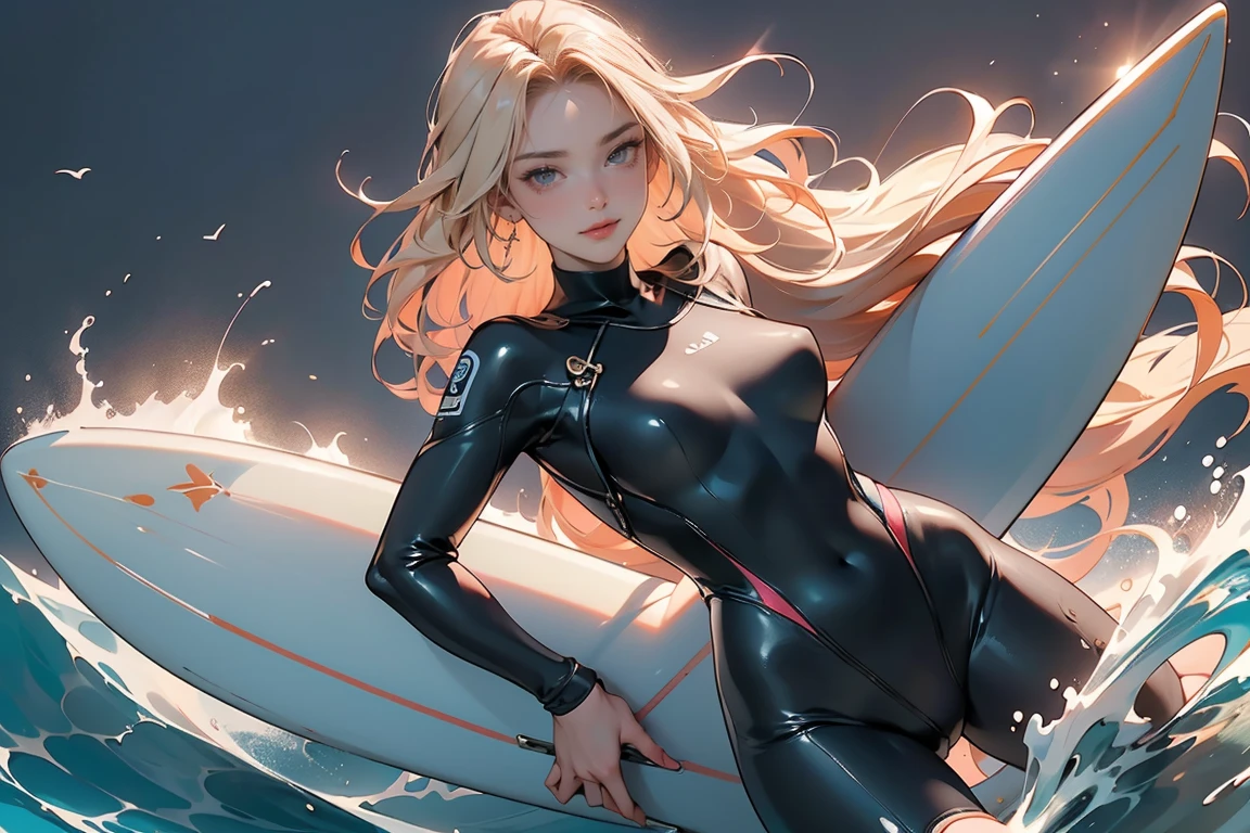 ((Masterpiece, top quality, high resolution, highly detailed CG unified 8K wallpaper)), (huge stunning goddess shot, very hot and sexy, jaw-dropping beauty, perfect proportions, beautiful body, slim body beauty:1.3), (surfer in wetsuit riding a wave on a white and blue surfboard, surfing woman:1.5), surf, asuka as a surfer model, surf photography, surfing a barrel wave, blonde hair blowing in the wind, a dynamic surf photo, fullbody - shot, cover of surfer magazine,