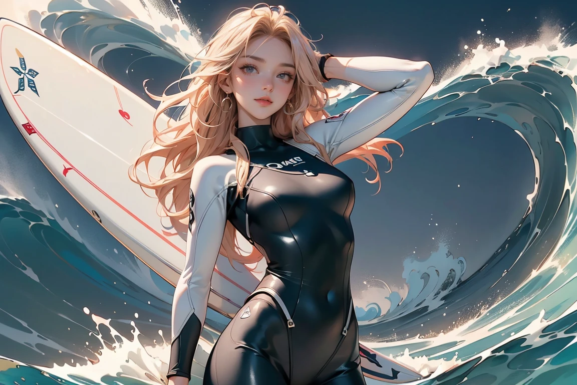 ((Masterpiece, top quality, high resolution, highly detailed CG unified 8K wallpaper)), (huge stunning goddess shot, very hot and sexy, jaw-dropping beauty, perfect proportions, beautiful body, slim body beauty:1.3), (surfer in wetsuit  riding a wave on a white and blue surfboard, surfing woman:1.5), surf, asuka as a surfer model, surf photography, surfing a barrel wave, blonde hair blowing in the wind, a dynamic surf photo, fullbody - shot, cover of surfer magazine, 