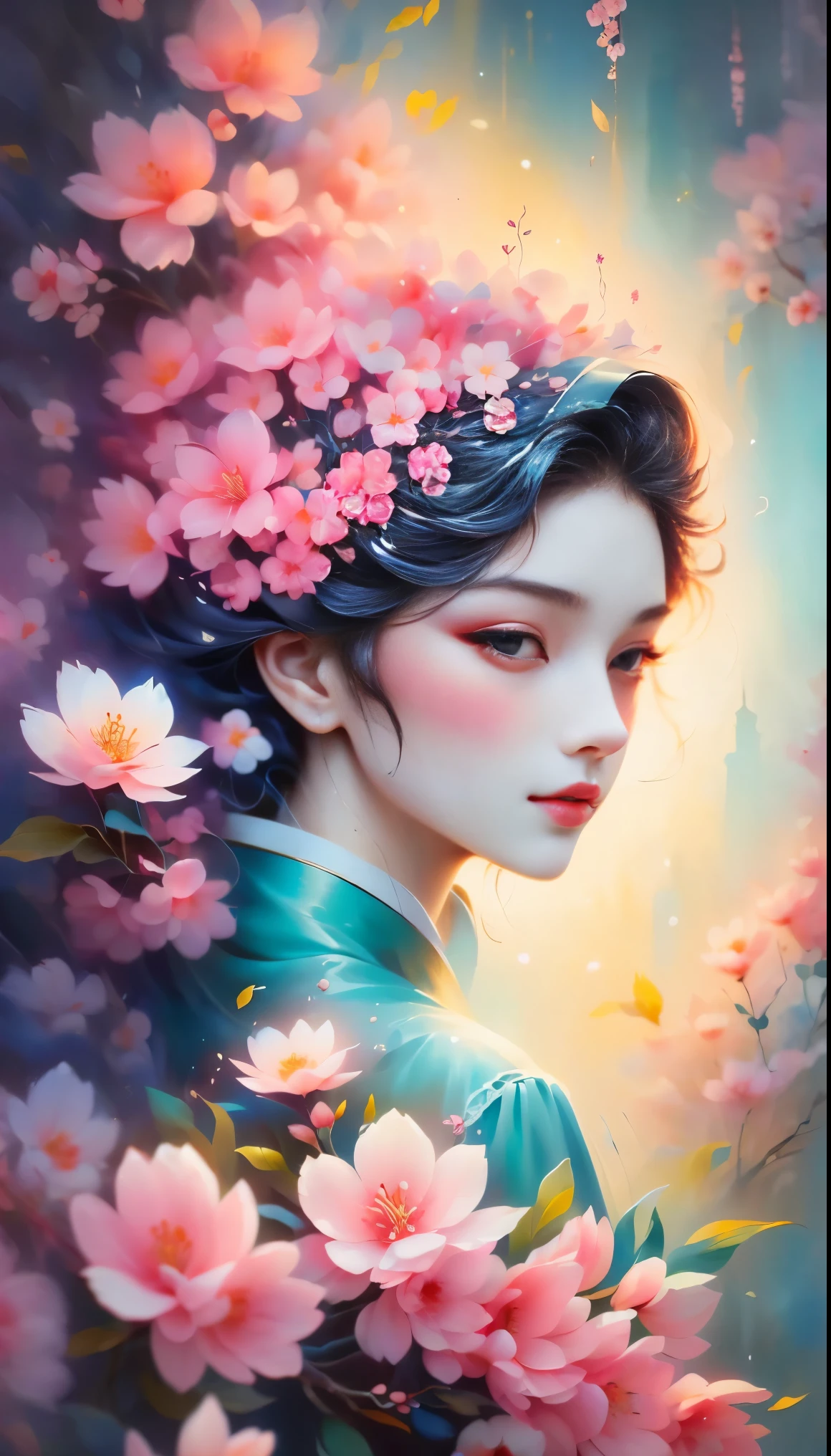 (((Baiyun，Sakura background))), (((high saturation))), ((Surrounded by brilliant colors)))) super detailed, Beautiful and beautiful, masterpiece, best quality, (tangled, mandala, tangled, twist), (Fractal art: 1.3), 1 girl, Very detailed, dynamic angle, cowboy shooting, Chaos in its most beautiful form, elegant, brutalist design, bright colors, romanticism, Michael Mraz, Adrian Gurney, Petra Courtright, Atmospheric, ecstatic notes, Mobile phone notes are visible