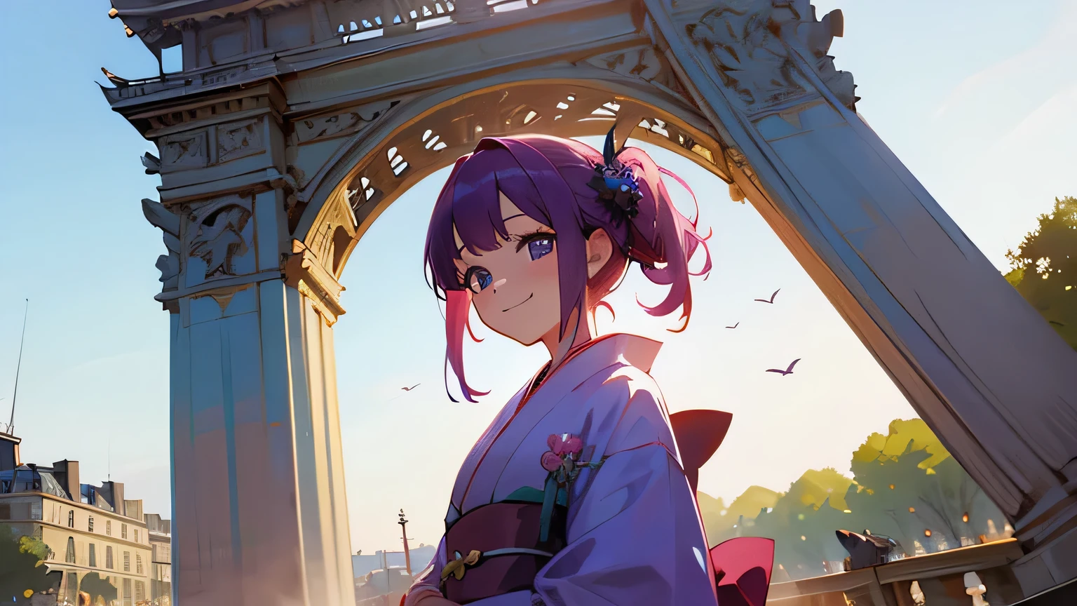 kimono, parple hair, smile, girl, in Paris, arch of triumph
