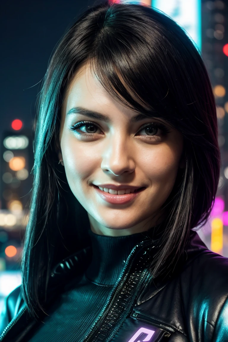1 woman, looking straight ahead at the camera close up, smile, cyberpunk, city at night, leotard, jacket, close up, smile afectada, happy, Awesome, sexy, enlarged on the face, Wallpaper, club, scarce, See though, old,