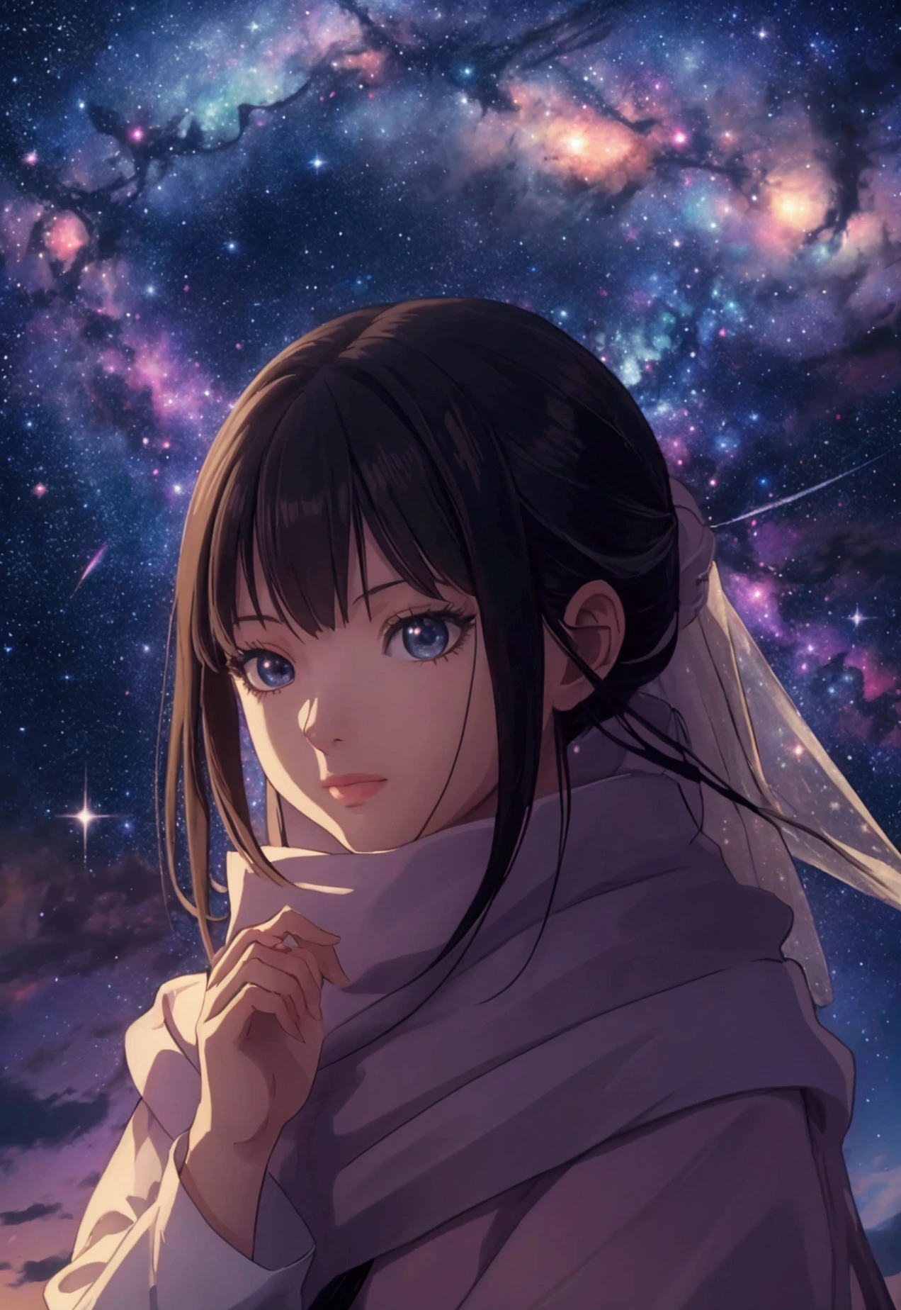 High detail, super detail, super high resolution, girl enjoying her time in the dream galaxy, surrounded by stars, warm light sprinkled on her, background is starry sky with colorful galaxies and galaxy clouds, stars flying around her, delicate face, adding playful atmosphere ,