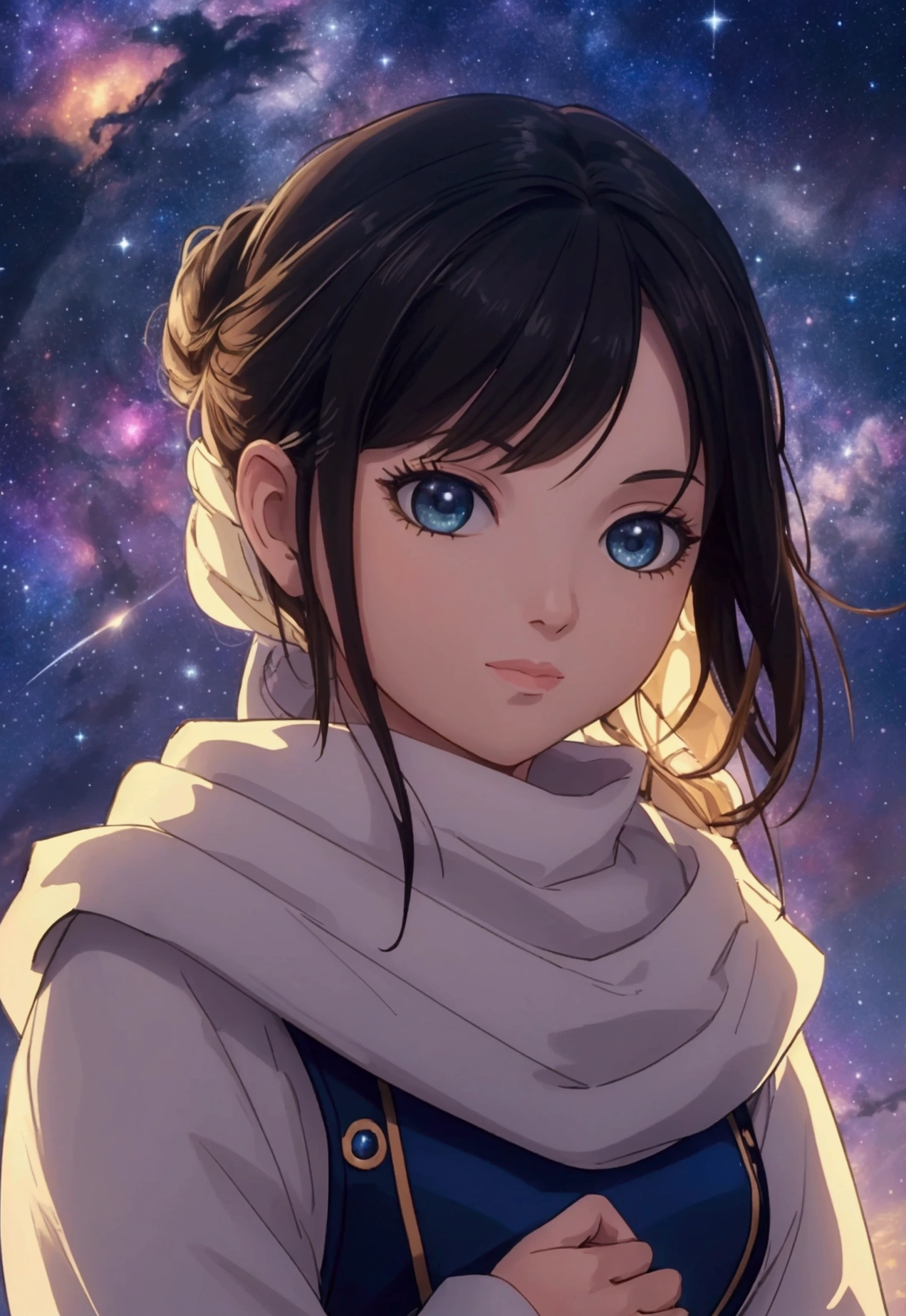 High detail, super detail, super high resolution, girl enjoying her time in the dream galaxy, surrounded by stars, warm light sprinkled on her, background is starry sky with colorful galaxies and galaxy clouds, stars flying around her, delicate face, adding playful atmosphere ,