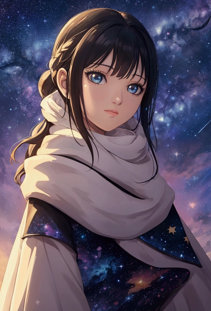 High detail, super detail, super high resolution, girl enjoying her time in the dream galaxy, surrounded by stars, warm light sprinkled on her, background is starry sky with colorful galaxies and galaxy clouds, stars flying around her, delicate face, adding playful atmosphere , 