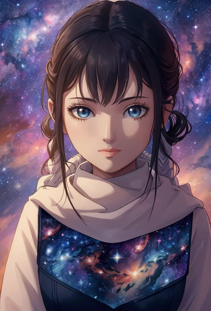 High detail, super detail, super high resolution, girl enjoying her time in the dream galaxy, surrounded by stars, warm light sprinkled on her, background is starry sky with colorful galaxies and galaxy clouds, stars flying around her, delicate face, adding playful atmosphere ,