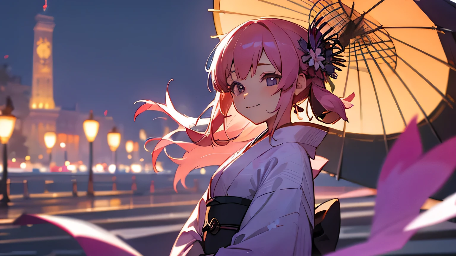 kimono, parple hair, smile, girl, in Paris, champs elysees
