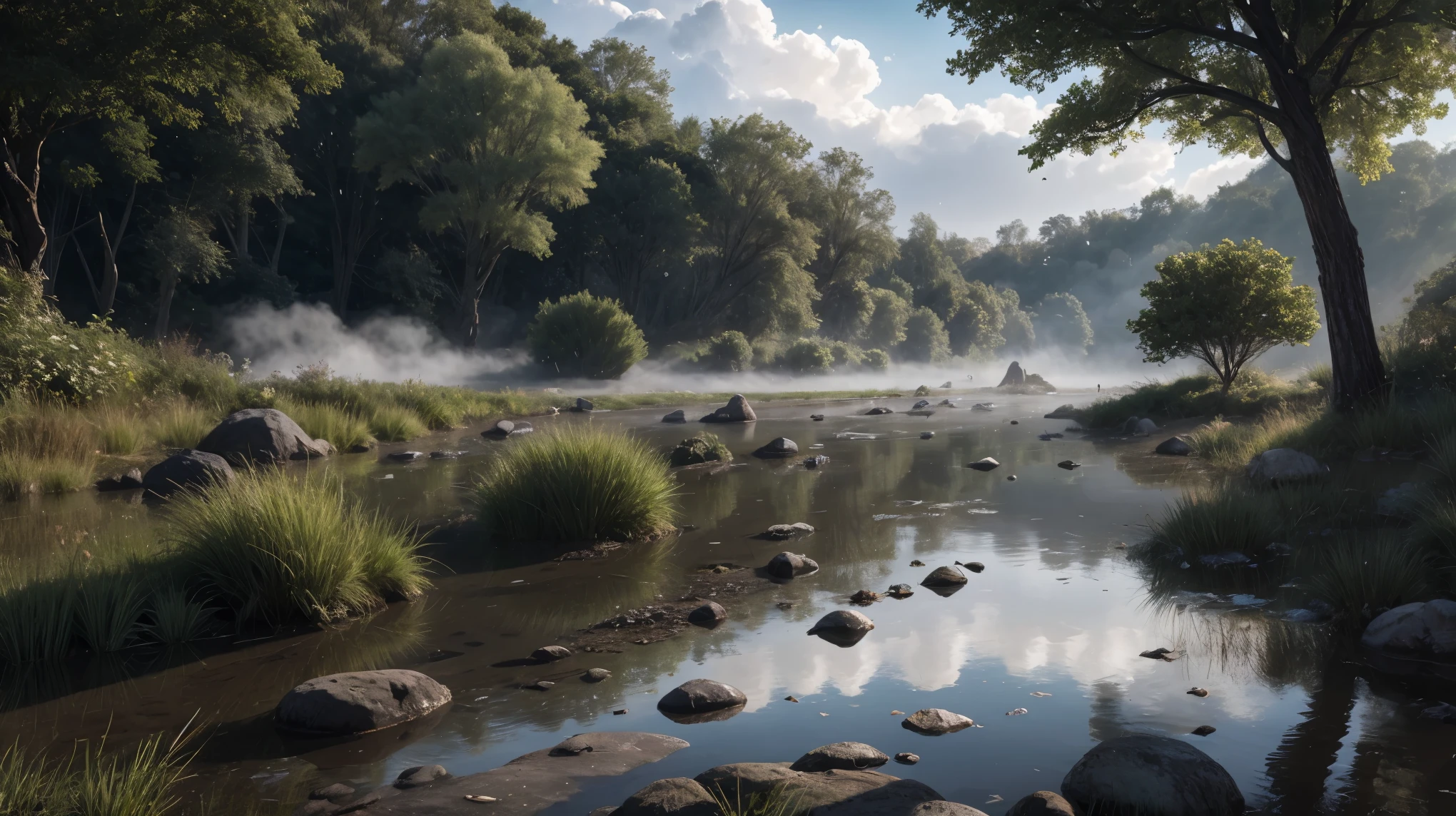 ((Masterpiece)), Hyperrealistic, amazing unreal engine, LUMA:0.015, very intricate details, add_details:1, S=1/650, (depth of field:1500mm), focus on details:1.1, "Imagine a swollen river devastating the towns through which it flows, within the river bed you can see rotten remains of cadaverous animal fauna, clouds of steam emerge from the river bed, along with a strange and mysterious fog, (moss on the rocks: 0.58), iridescent reflex over the water:0.06, (The running water splashes the rocks and causes the splashes to be seen where the light is reflected:0.4), On the banks of the river, on both sides, you can see several pixies and gnomes that are migrating to the highlands."