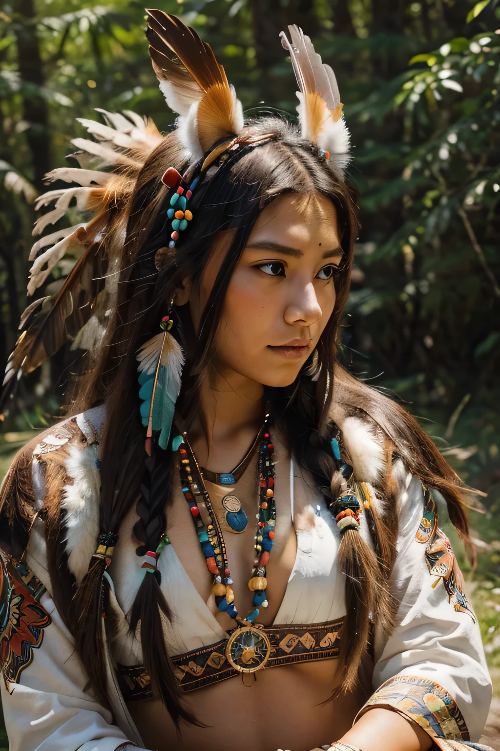 "Create an illustration of a young Native American woman in a manga style. She wears a traditional outfit decorated with colorful patterns and beads, with feathers in her hair.
His expression is both strong and serene., reflecting its connection with nature. Background, depict a forest scene with wild animals, like deer and eagles, symbolizing harmony between man and nature."