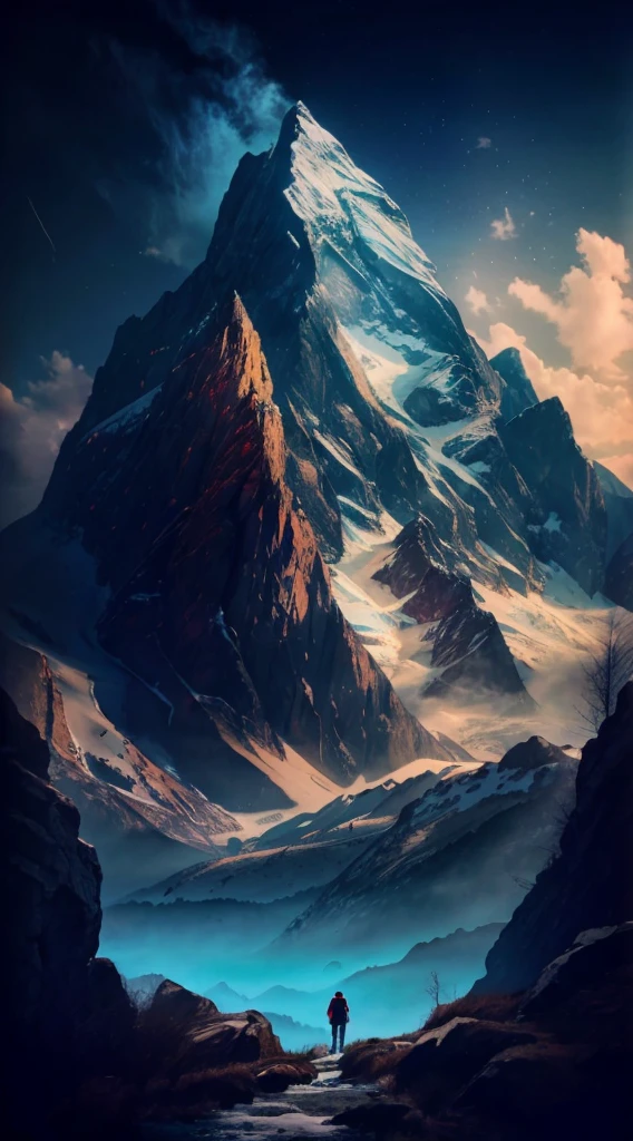 lanscape, 8k landscape of beautiful snow mountain with human standing back with red hoodie, rule of third photography, intricate, elegant, realistic depth of field photography, perfect natural lighting (masterpiece, sidelighting, finely detailed beautiful lanscape), realistic leav, realistic cloud, realistic mountain, realistic sky, beautiful sky, ray of light, rule of third photography, point of interest photography, perfect lanscape color tone, realistic river, realistic flower, realistic grass, realistic stone, realistic climb, realistic tree, best lanscape color tone, realistic land, realistic fog, add grain, High Resolution, Accurate, 8K Octane, 