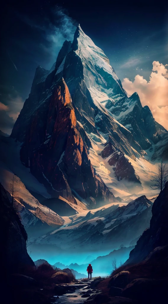 lanscape, 8k landscape of beautiful snow mountain with human standing back with red hoodie, rule of third photography, intricate, elegant, realistic depth of field photography, perfect natural lighting (masterpiece, sidelighting, finely detailed beautiful lanscape), realistic leav, realistic cloud, realistic mountain, realistic sky, beautiful sky, ray of light, rule of third photography, point of interest photography, perfect lanscape color tone, realistic river, realistic flower, realistic grass, realistic stone, realistic climb, realistic tree, best lanscape color tone, realistic land, realistic fog, add grain, High Resolution, Accurate, 8K Octane,