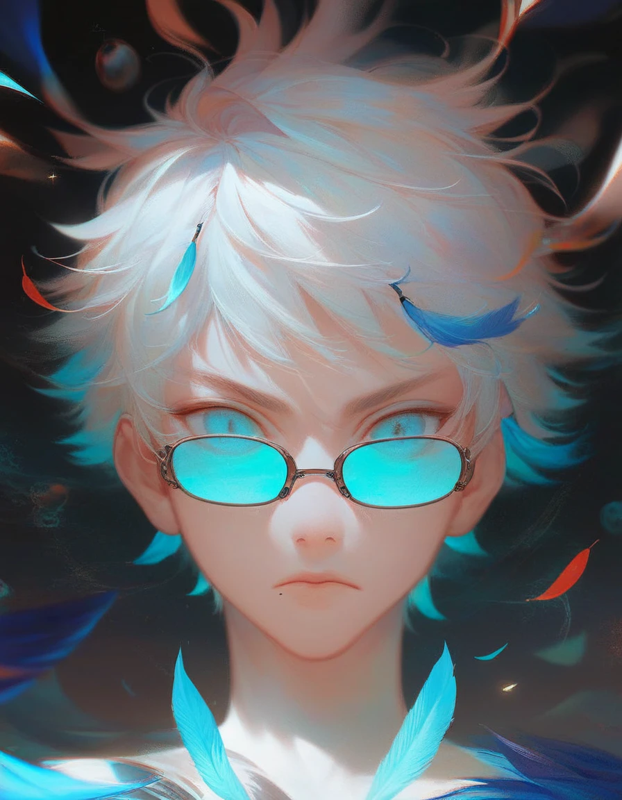 (score_9, score_8_up, score_7_up), zPDXL, 1 boy, alone, looking at viewer, simple warm colored background, neon blue eyes, close-up, short hair, white hair, broken glasses, lenses, neon blue feathers falling, serious look, determination, dark aura, front view, masterpiece, best quality, hyper detailed, cinematic light, intricate detail, high resolution, official art, detailed glow, blue light feathers, portrait, the pupil of the eyes with detailed structures, miracle, dark atmosphere, neon blue feathers, mole, jewelry accessories, diffraction peak, vibrant colors, concept artist, electronic links, falling feather