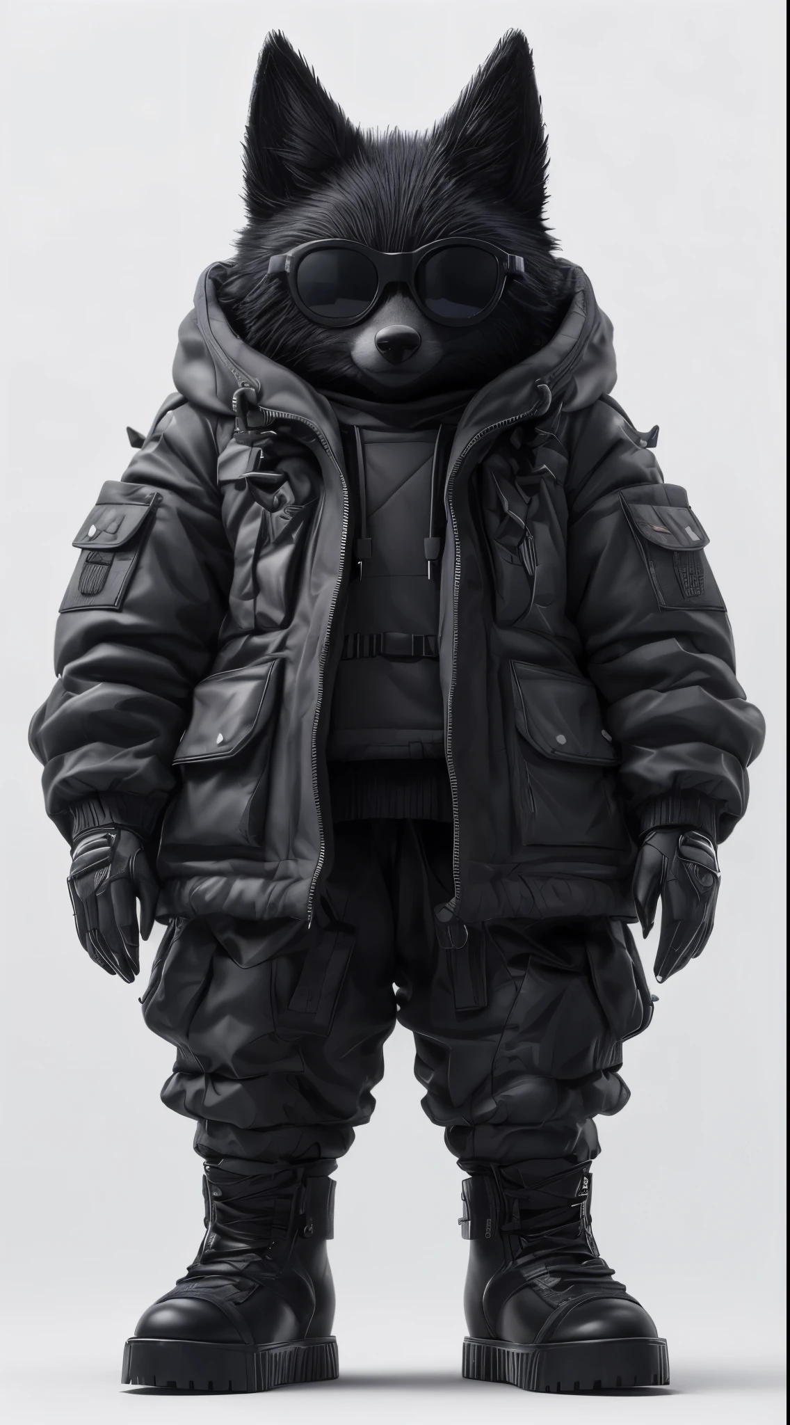 3D rendering in C4d and Blender of a cute cartoon style wolf wearing a white Parka and black techwear, with big eyes, sunglasses, small nose, and a full body shot against a white background. The wolf has black leather boots and a chibi character design with studio lighting. The wolf is grinning evilly, with illuminated lines on the suit, high resolution, high details, and best quality