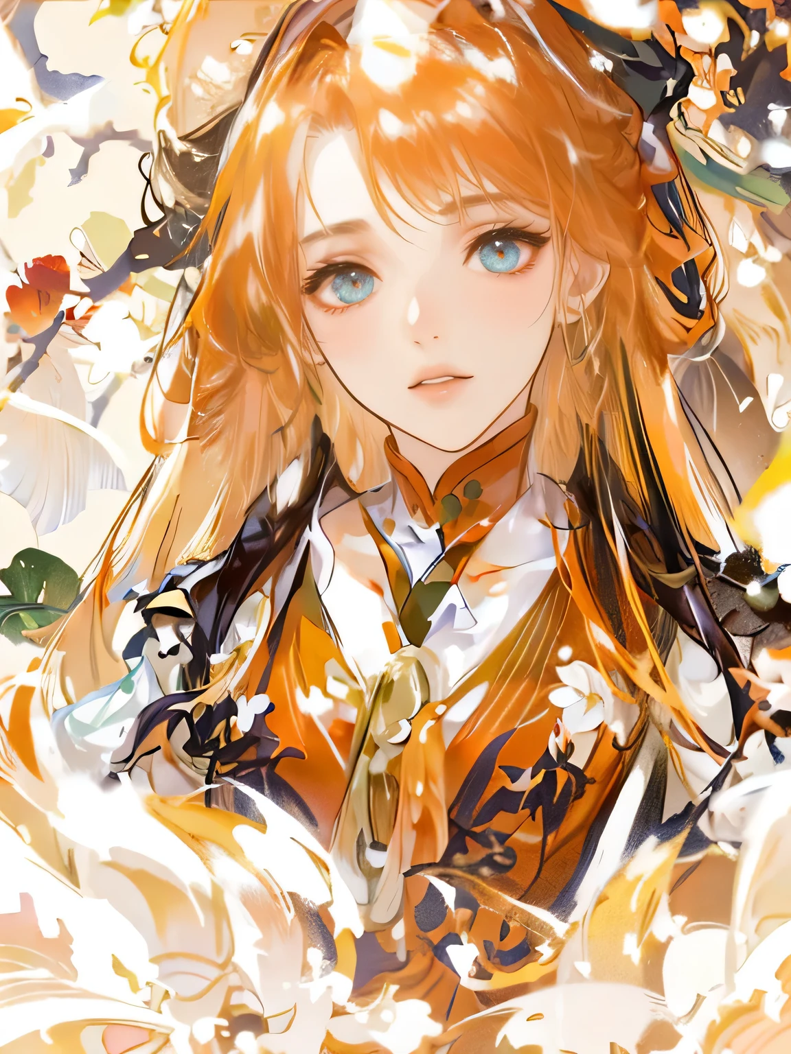 Highest quality，1 male、antiquity，Orange long hair wolf tail，Orange-toned fantasy eyes，exhibit，Snow days，Gold umbrella with tassels，youth、Mature、Antiquity Jianghu Sect Leader，Chill，Rune paper，Fantasy、Sunlight、Reflector、Floating glass pieces、Foam Swirl、Wind cyclone、daytime，Extreme weather, Starlight around the character, whole body,