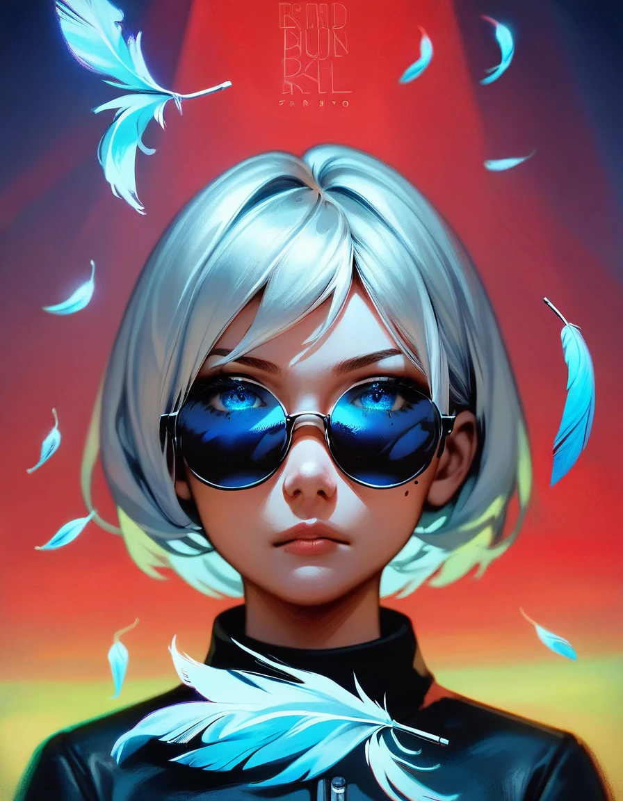 (score_9, score_8_up, score_7_up), zPDXL, 1 boy, alone, looking at viewer, simple warm colored background, neon blue eyes, close-up, short hair, white hair, broken glasses, lenses, neon blue feathers falling, serious look, determination, dark aura, front view, masterpiece, best quality, hyper detailed, cinematic light, intricate detail, high resolution, official art, detailed glow, blue light feathers, portrait, the pupil of the eyes with detailed structures, miracle, dark atmosphere, neon blue feathers, mole, jewelry accessories, diffraction peak, vibrant colors, concept artist, electronic links, falling feather
