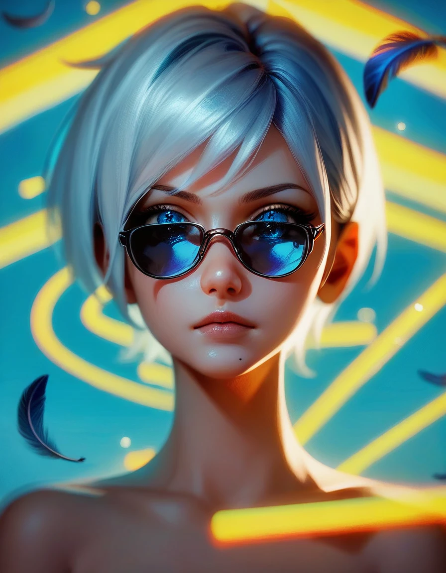 (score_9, score_8_up, score_7_up), zPDXL, 1 boy, alone, looking at viewer, simple warm colored background, neon blue eyes, close-up, short hair, white hair, broken glasses, lenses, neon blue feathers falling, serious look, determination, dark aura, front view, masterpiece, best quality, hyper detailed, cinematic light, intricate detail, high resolution, official art, detailed glow, blue light feathers, portrait, the pupil of the eyes with detailed structures, miracle, dark atmosphere, neon blue feathers, mole, jewelry accessories, diffraction peak, vibrant colors, concept artist, electronic links, falling feather