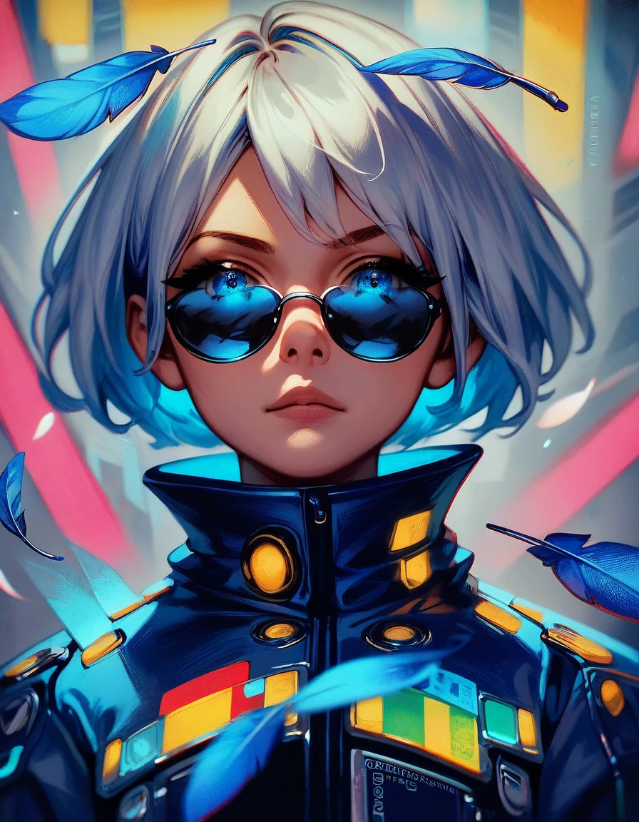 (score_9, score_8_up, score_7_up), zPDXL, 1 boy, alone, looking at viewer, simple warm colored background, neon blue eyes, close-up, short hair, white hair, broken glasses, lenses, neon blue feathers falling, serious look, determination, dark aura, front view, masterpiece, best quality, hyper detailed, cinematic light, intricate detail, high resolution, official art, detailed glow, blue light feathers, portrait, the pupil of the eyes with detailed structures, miracle, dark atmosphere, neon blue feathers, mole, jewelry accessories, diffraction peak, vibrant colors, concept artist, electronic links, falling feather