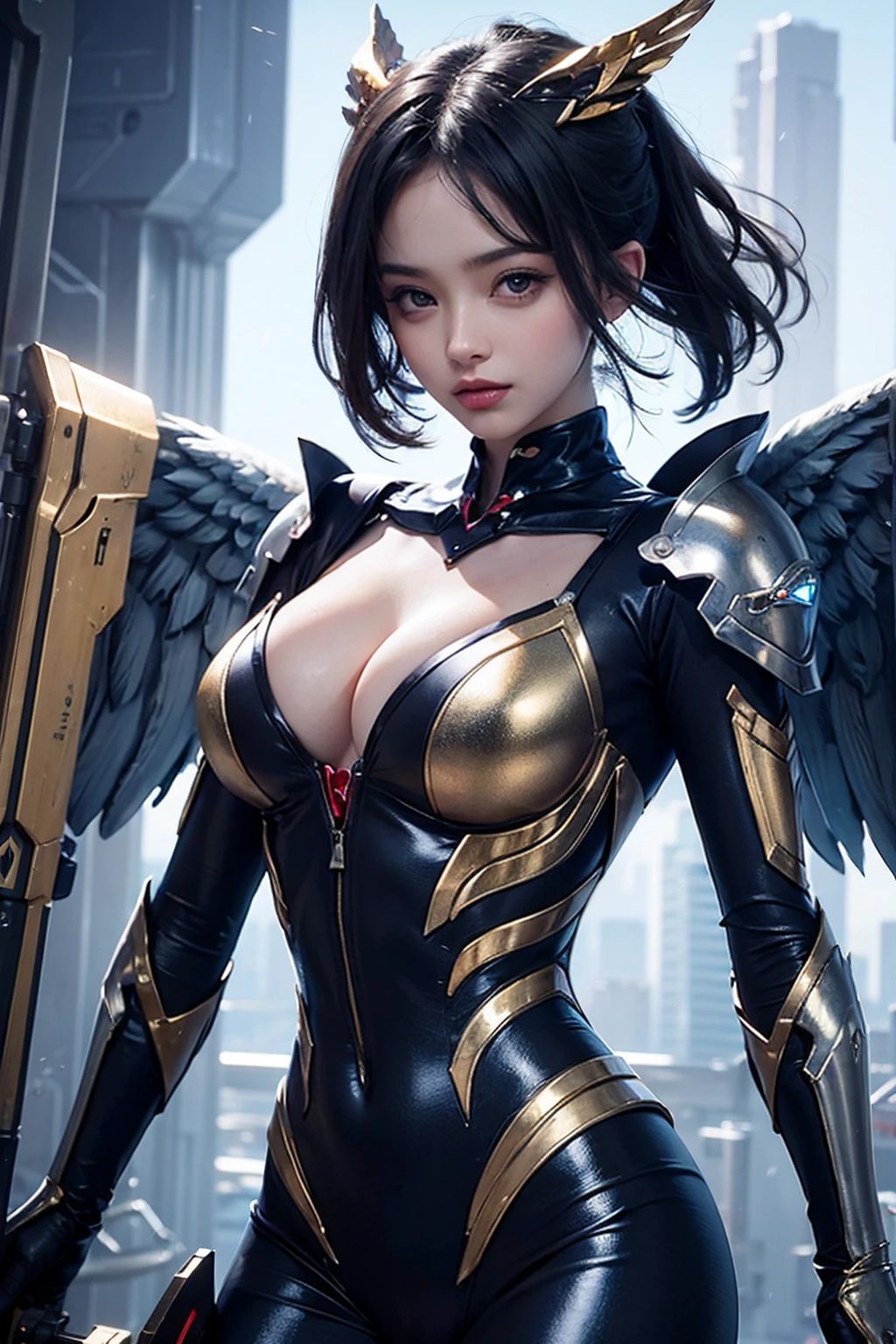 masterpiece,(bestquality),highlydetailed,ultra-detailed,1girl, (((super sexy))), (mechanicalwings:golden,glowingeyes:blue,goldenrarmor:1.2,elongatedears:0.8),(cyberpunkcity:1.5,weapon:energyblade),(fantasylandscape:1.2,natural lighting:1.5,confidentexpression),(panorama:1.2),mecha, smile,angle,Angels, wings,gold,raw,close up