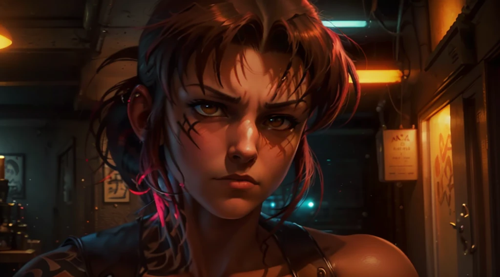 Revy from black lagoon, neon lights, The artwork is rendered in an edgy and realistic style, with high attention to detail and sharp focus. The colors are vivid and contrasted, with a slight desaturation to create a moody atmosphere. shadowy highlights enhancing the overall composition. The medium used is a digital illustration, with a touch of photo-realistic elements to add depth and texture to the image. The final result is a masterpiece in ultra-high resolution,