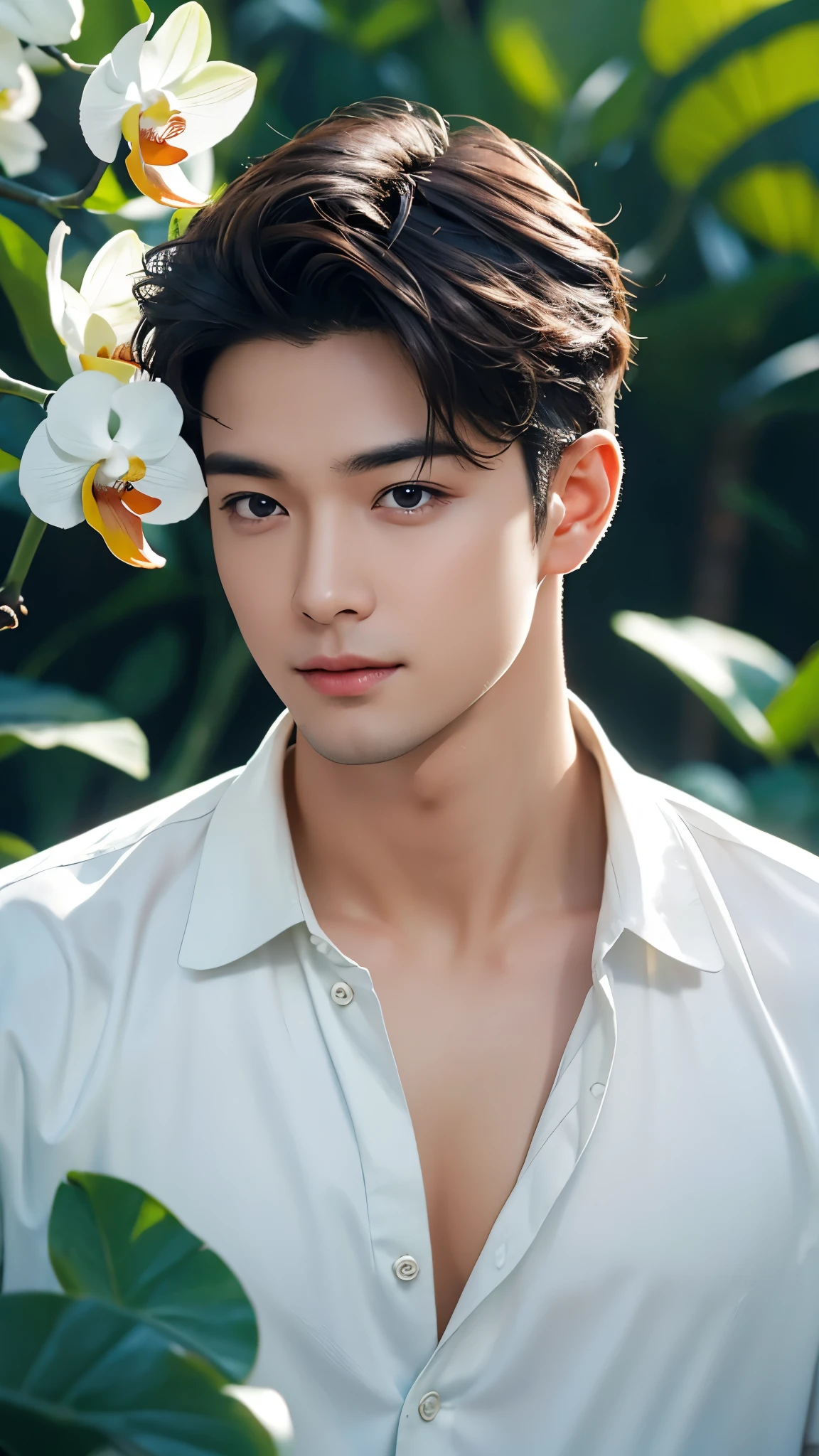 ASİAN, young male, perfect face, closeup photo , standing facing the camera ,brown hair, dark brown eyes,sweat body,oval face, white skins, dynamic seductive face,white Shirt, masterpiece, best quality, photorealistic, realistic, hyperRealism, Perfect anatomy, Perfect perspective, with a tropical garden in the background,torpical flower and orchids in the background,photorealistic, realistic, hyperRealism, soft focus, shallow depth of field, dynamic lighting,lens 35mm f 1.8,dust, Technicolor, Panavision, cinemascope, sharp focus, fine details, 8k, HDR, Realism, realistic, key visual, film still, cinematic color grading, depth of field,,nurse,male，male人，male生,kpop
