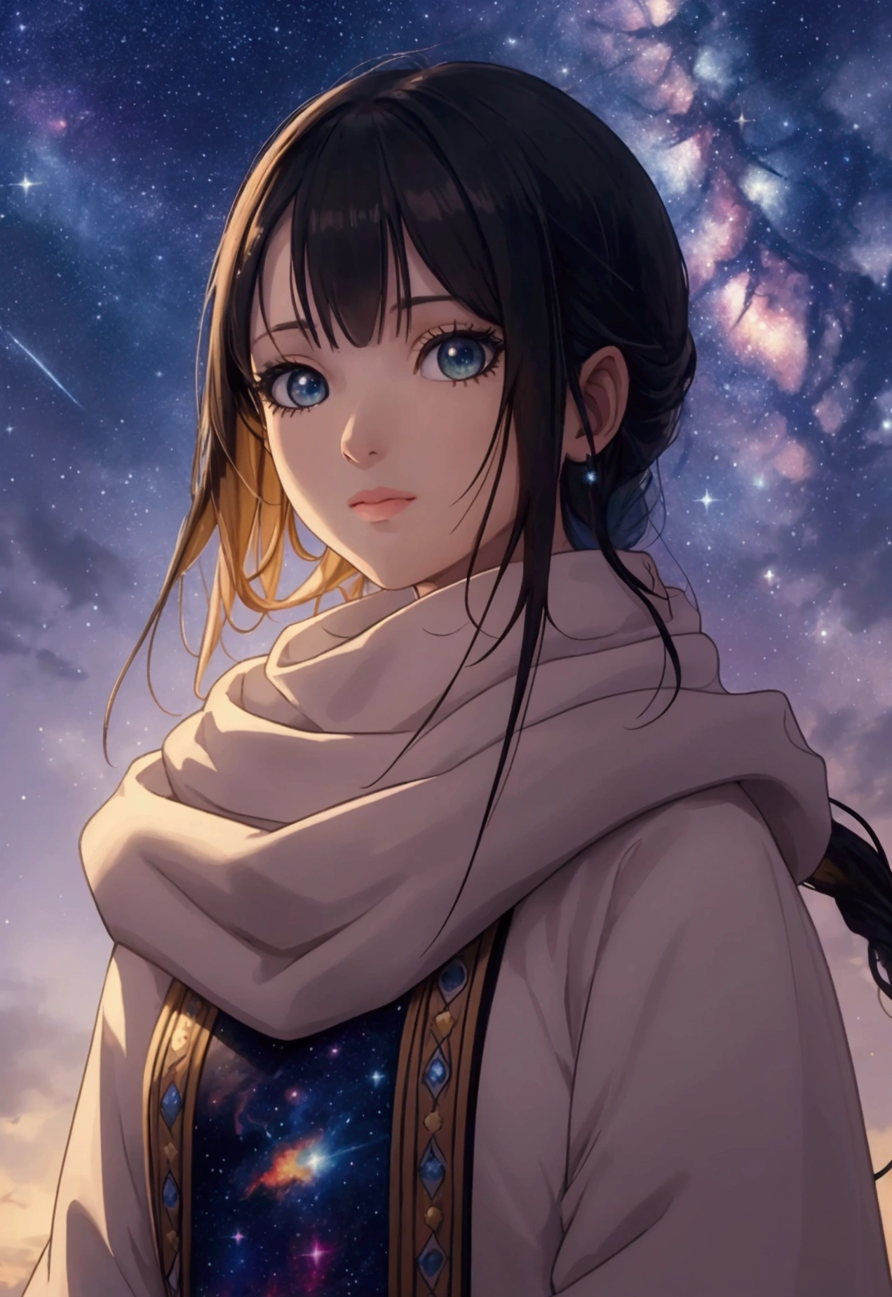 High detail, super detail, super high resolution, girl enjoying her time in the , , warm light sprinkled on her, background is starry sky with colorful galaxies and galaxy clouds, stars flying around her, delicate face, adding playful atmosphere , 