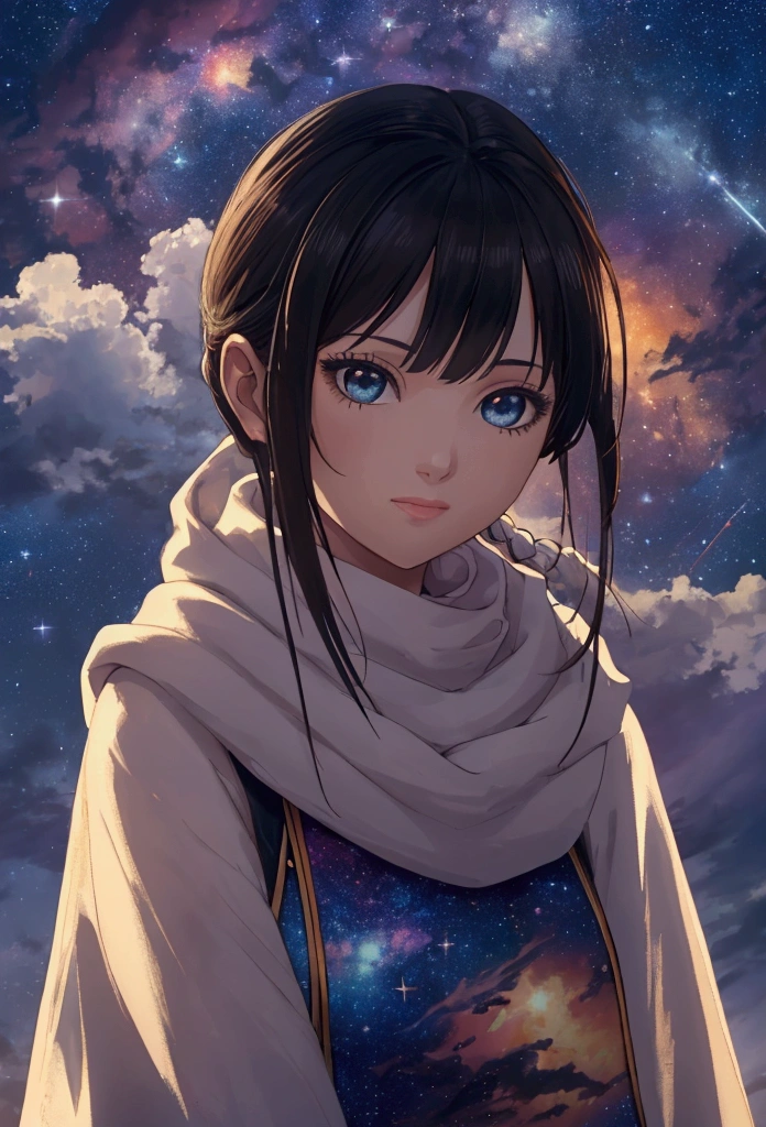 High detail, super detail, super high resolution, girl enjoying her time in the , , warm light sprinkled on her, background is starry sky with colorful galaxies and galaxy clouds, stars flying around her, delicate face, adding playful atmosphere , 