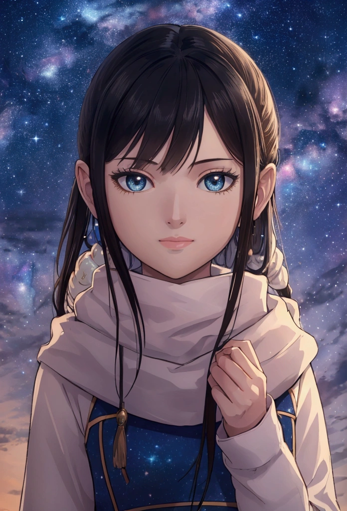 High detail, super detail, super high resolution, girl enjoying her time in the , , warm light sprinkled on her, background is starry sky with colorful galaxies and galaxy clouds, stars flying around her, delicate face, adding playful atmosphere , 