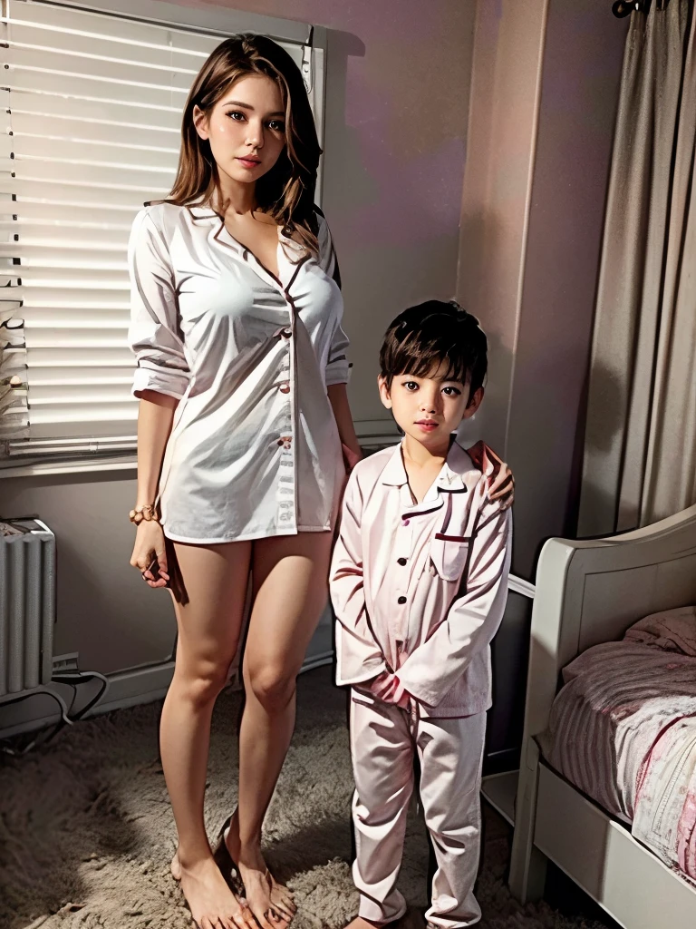 (highres,realistic:1.2),beautiful,cute mother and teen son standing in bedroom, wearing sexy pink pajamas, big cleavage, busty mother