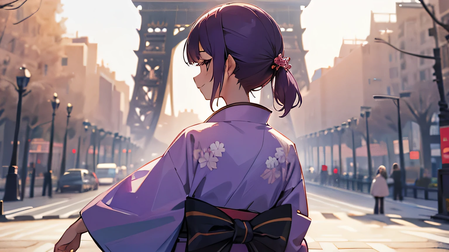 kimono, parple hair, smile, girl, in Paris, champs elysees, back view