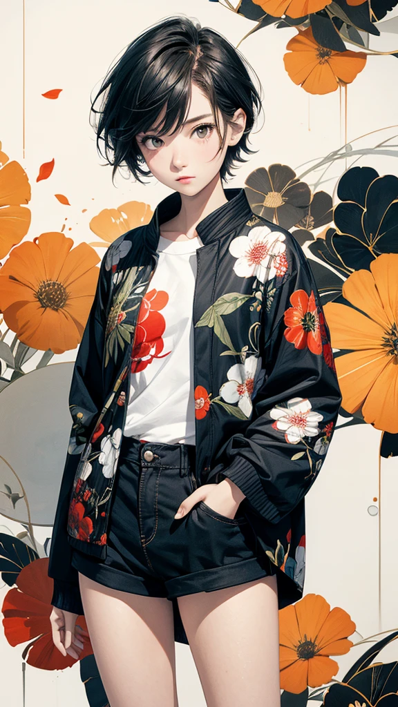From above, 20-year-old woman, Asymmetrical short hair, Hands in pockets, Coordination of Japanese pattern jacket and micro mini shorts:1.2, Petal Collage, abstract design, artistic juxtapositions, And handle background, warm color, mixed-media approach, Anime Style, Simple lines, Digital Painting, (masterpiece, High resolution, Highest quality)