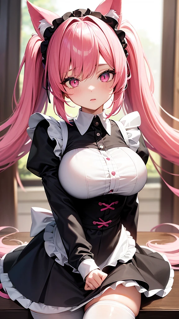 (Highest quality,High resolution,Very detailed,girl)black tights,Pink Hair,height: 160cm,cute,Pink Eyes,Wearing maid uniform,Twin tails,Big Breasts,Her eyes are white and shining,Has bright white eyes,looks very shy,The ears are hairy,