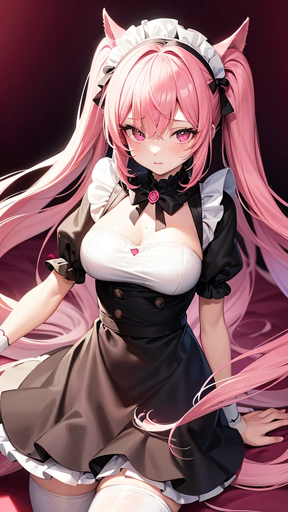 (Highest quality,High resolution,Very detailed,girl)black tights,Pink Hair,height: 160cm,cute,Pink Eyes,Wearing maid uniform,Twin tails,Big Breasts,Her eyes are white and shining,Has bright white eyes,looks very shy,The ears are hairy,