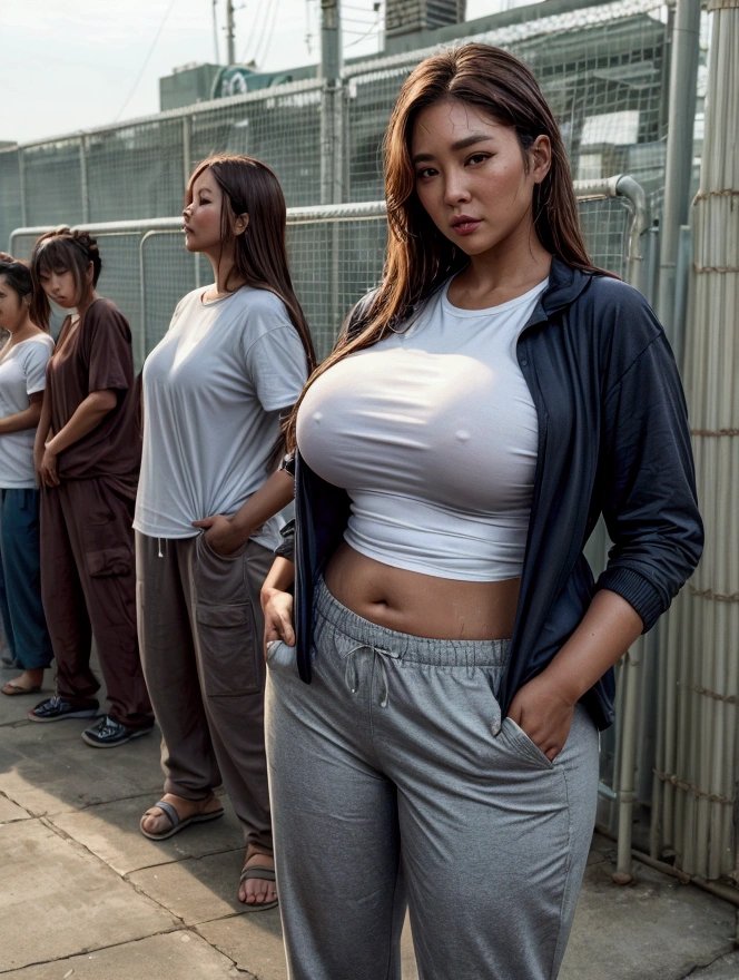 Mature, curvy and voluptuous 48 year old Asian MILF looking at you with anger、Brown Hair、braided hair、standing、 (hands in pockets)、Thick arms:1.2、Thick body 1.2、Big Breasts:1.4、Abdominal muscles:1.1、Big Butt:1.5、Thick thighs:1.3、Jacket、(T-Shirts)、Cotton pants、Sunburned skin:1.3、Wet with sweat、Angry expression、Intimidating、Looking at this、In front of the factory、Front-facing、Shooting from head to knee、最high quality, high quality,Super high-quality、Fully clothed